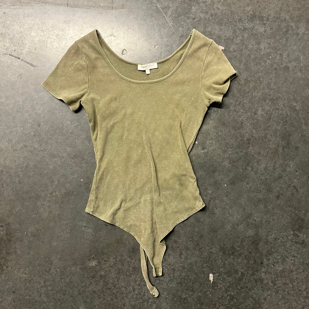 Bohme Essentials Ribbed Bodysuit Olive Green Short Sleeve Scoop Neck Small